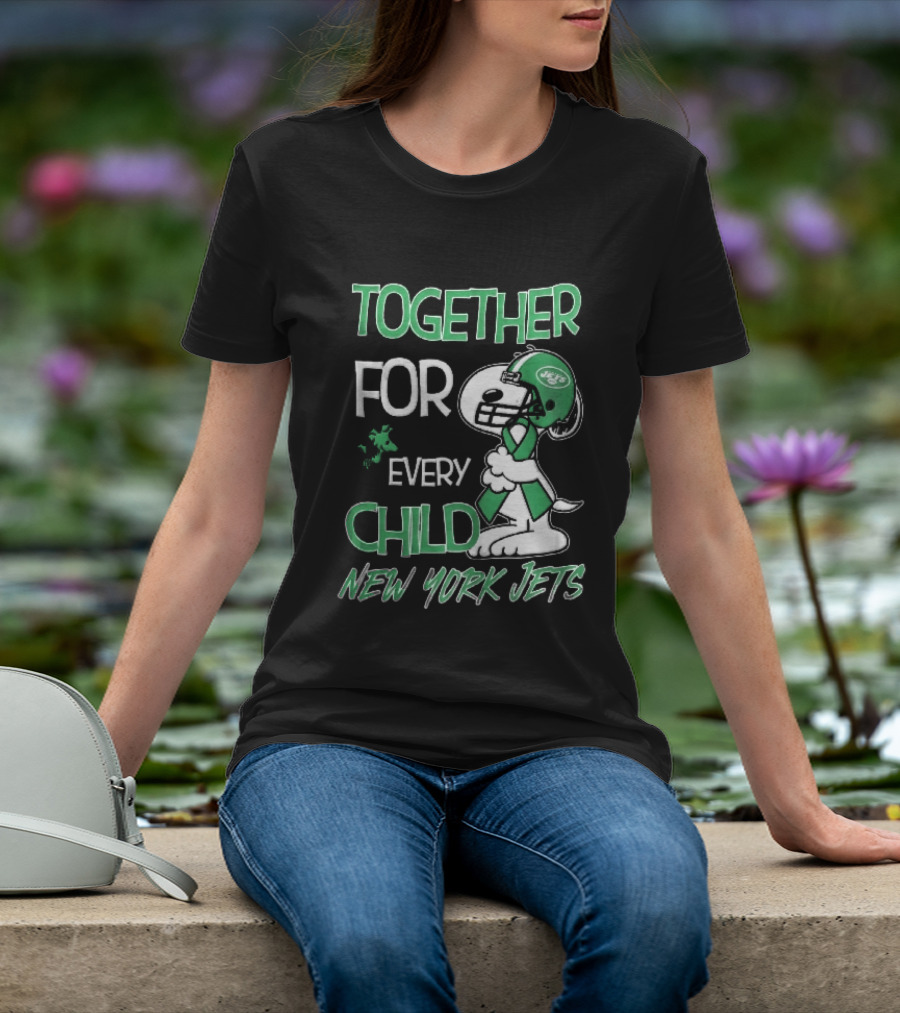 New York Jets Snoopy Woodstock Together For Every Child Football Helmet Green Ribbon T-Shirt