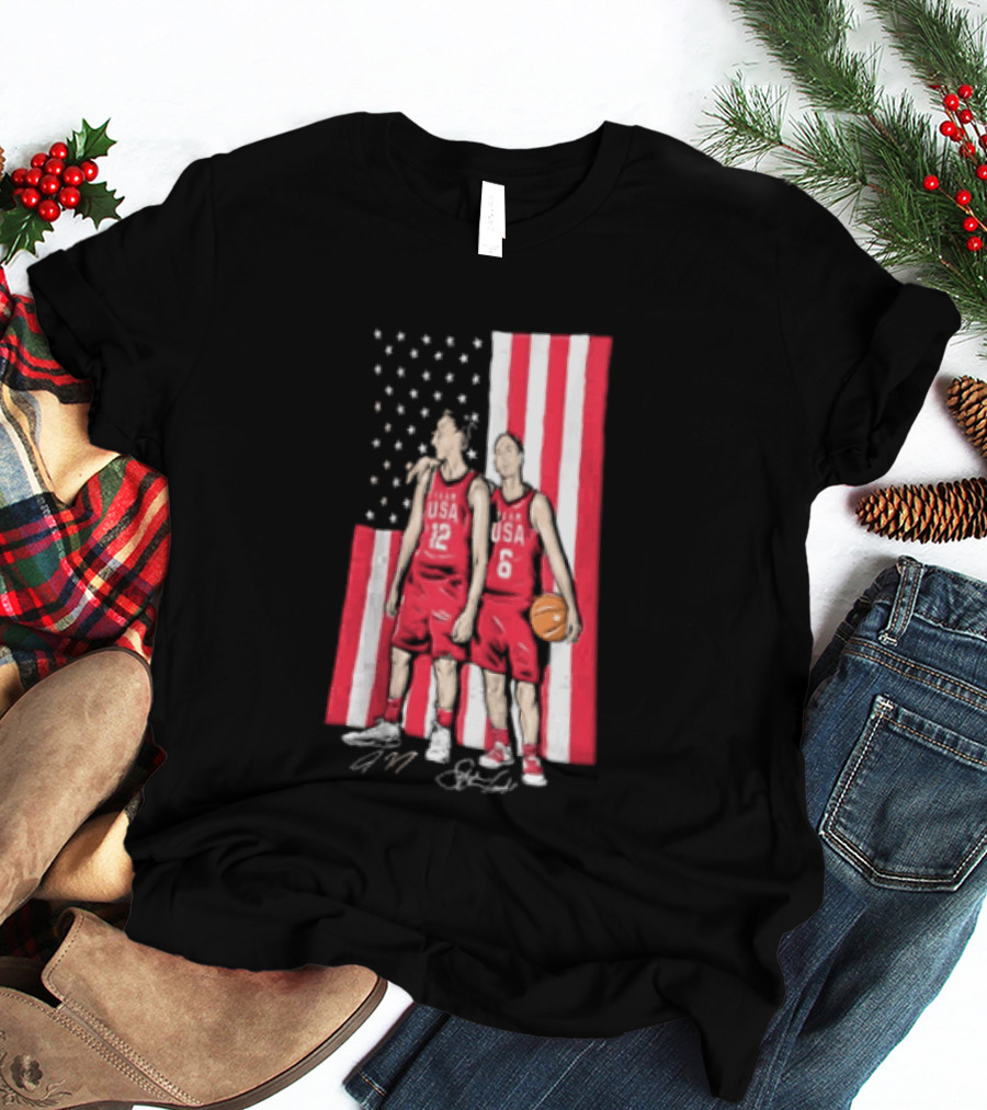 Sue Bird Diana Taurasi USA Basketball American Flag Signatures T-Shirt