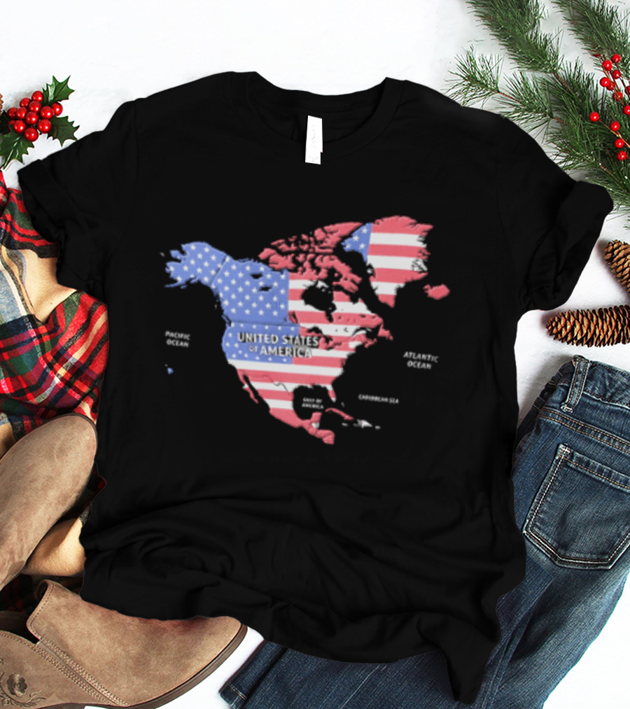 United States American Flag Map Of North America Featuring USA Canada Mexico Greenland T-Shirt