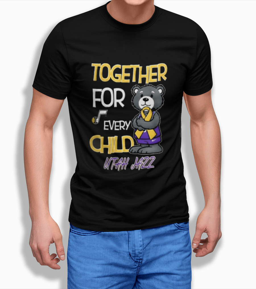 Utah Jazz Together For Every Child Cartoon Bear Gold Ribbon Purple Uniform T-Shirt