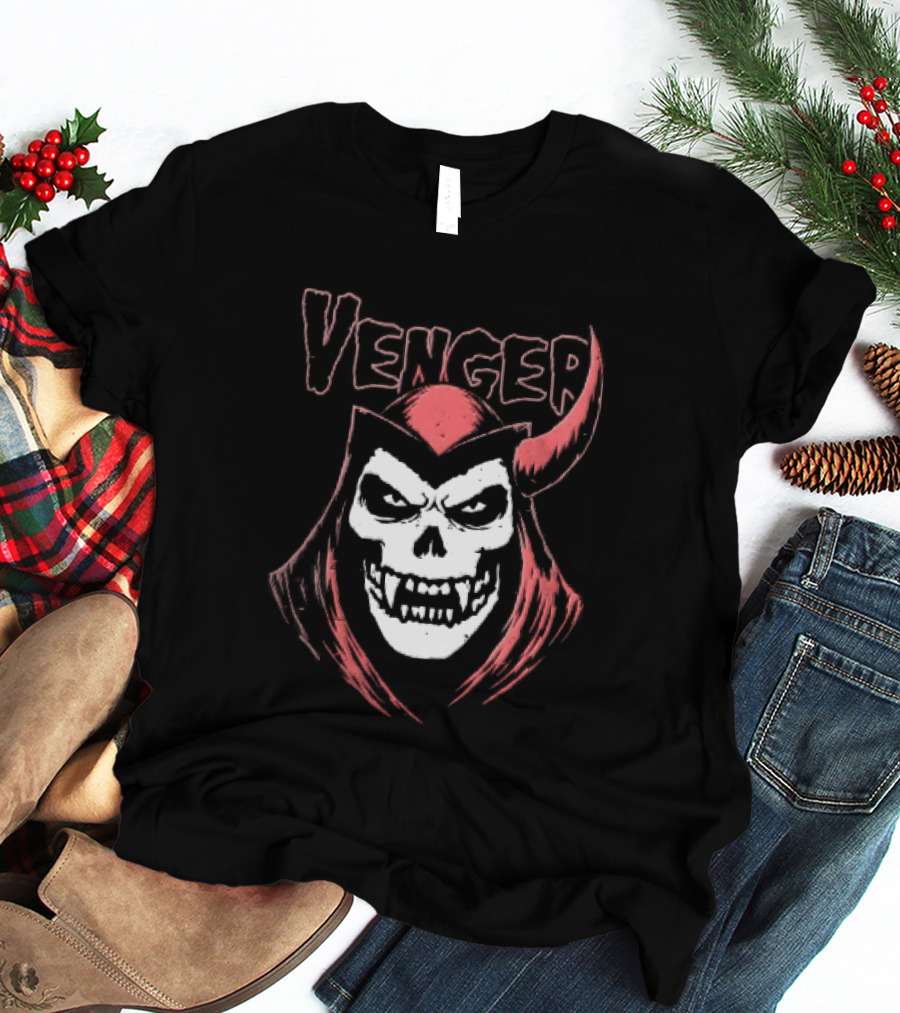 Venger Distressed Red Hooded Skull Face One Horned Demon T-Shirt