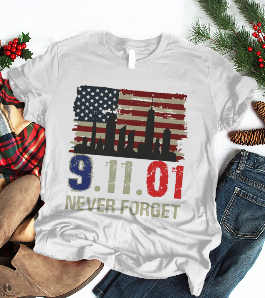 9.11.01 Never Forget American Flag Skyline Memorial Patriot 9 11 T-Shirt