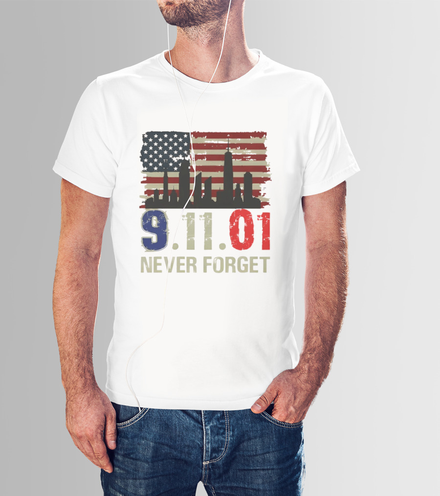 9.11.01 Never Forget American Flag Skyline Memorial Patriot 9 11 T-Shirt