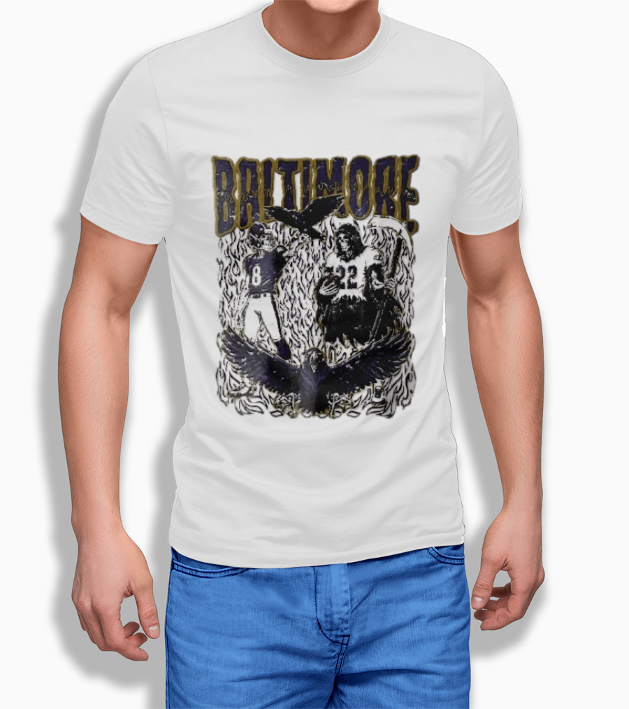 Baltimore Ravens Skeleton Grim Reaper Scythe Purple Flames Football Players Ravens T-Shirt