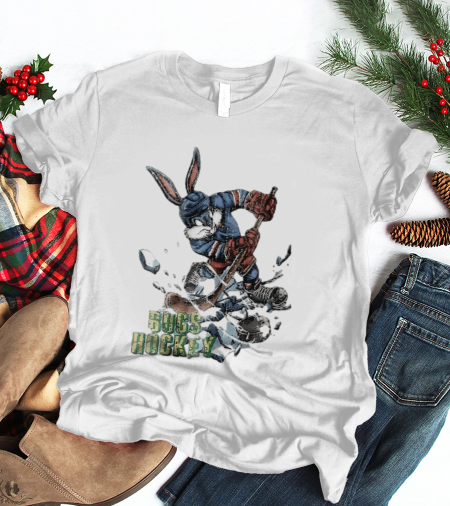 Bugs Hockey Cartoon Bunny Cracking Ice Puck Shot Distressed T-Shirt