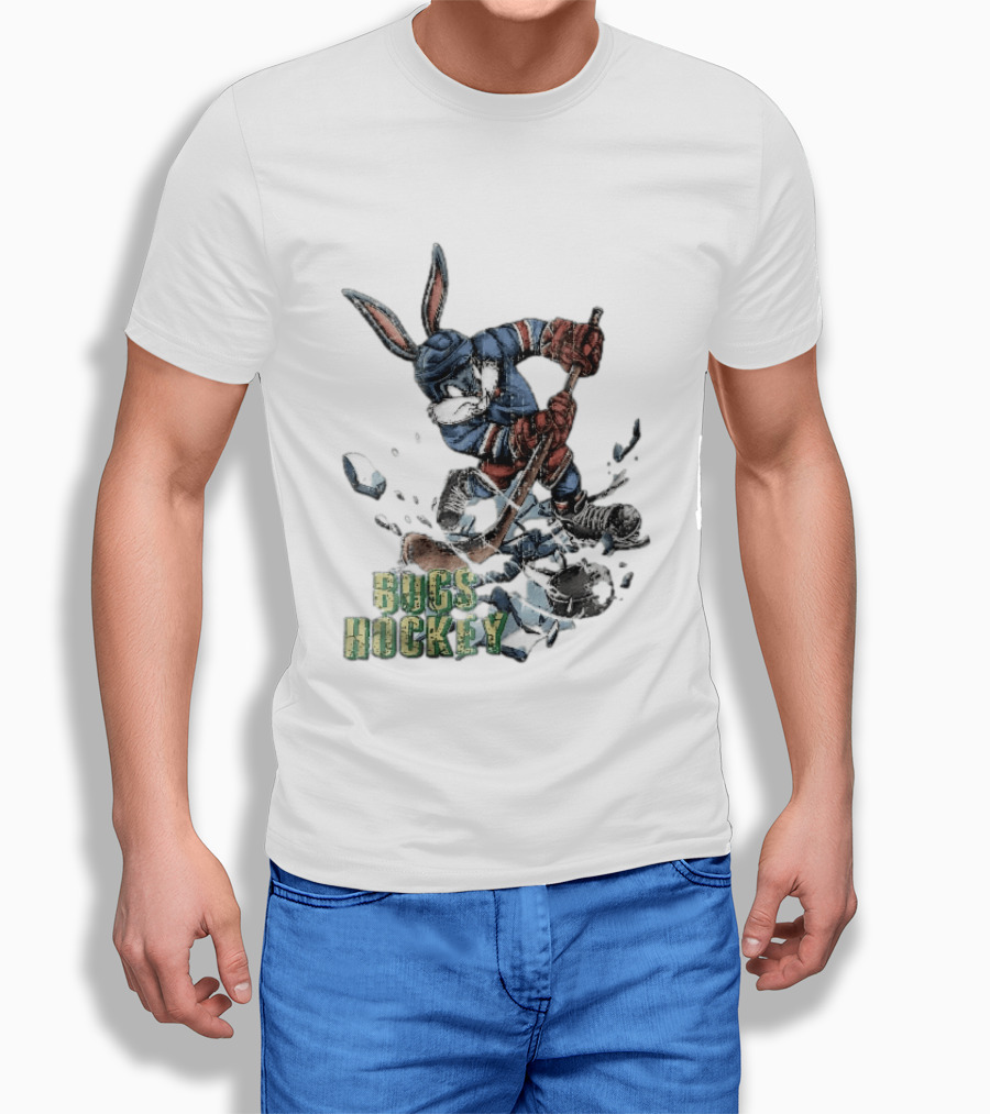 Bugs Hockey Cartoon Bunny Cracking Ice Puck Shot Distressed T-Shirt