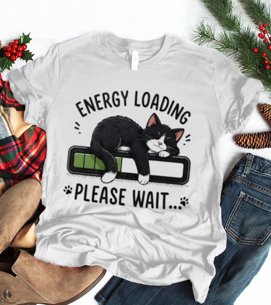 Cat Energy Loading Please Wait Sleeping Black Cat Battery Charge T-Shirt