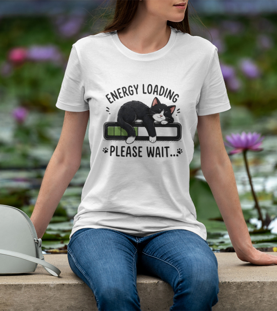 Cat Energy Loading Please Wait Sleeping Black Cat Battery Charge T-Shirt