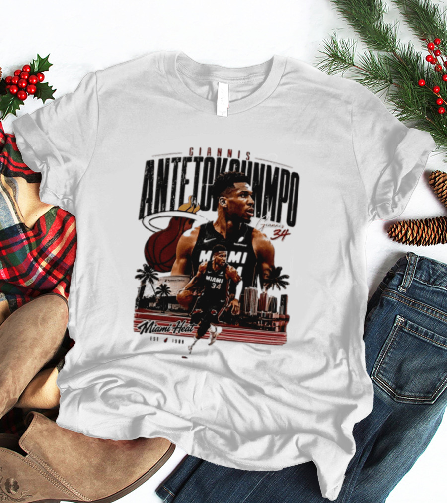 Giannis Antetokounmpo Miami Heat NBA Player Est 1988 Kaseya Center Palms And Cityscape T-Shirt