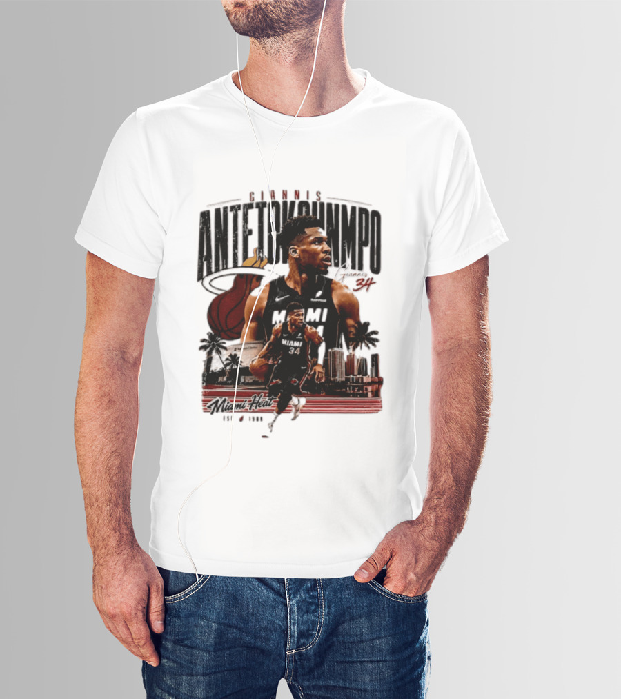 Giannis Antetokounmpo Miami Heat NBA Player Est 1988 Kaseya Center Palms And Cityscape T-Shirt