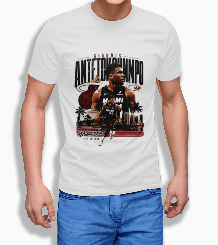 Giannis Antetokounmpo Miami Heat NBA Player Est 1988 Kaseya Center Palms And Cityscape T-Shirt