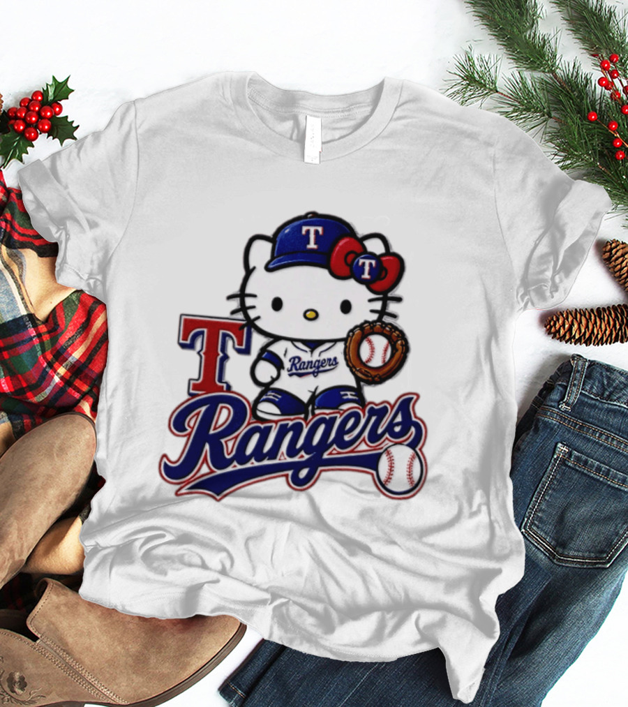Hello Kitty Texas Rangers Baseball 2026 MLB Rangers Logo With Baseball Glove And Cap T-Shirt