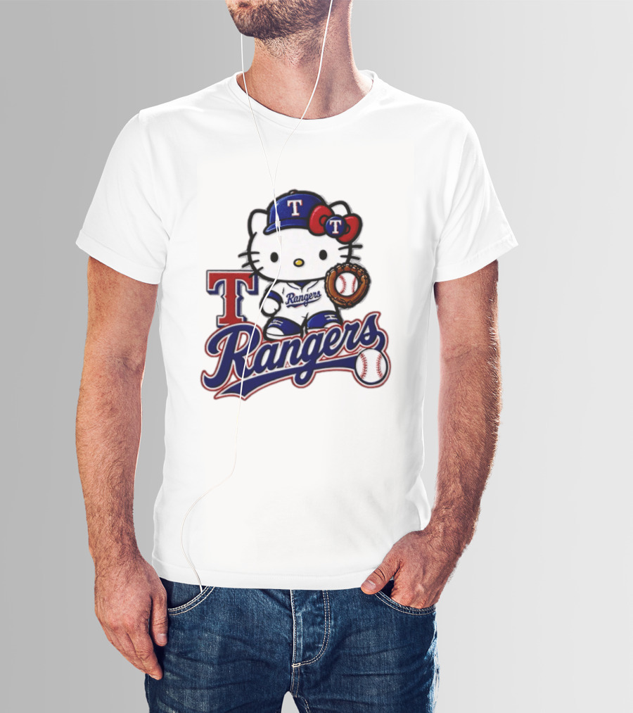 Hello Kitty Texas Rangers Baseball 2026 MLB Rangers Logo With Baseball Glove And Cap T-Shirt