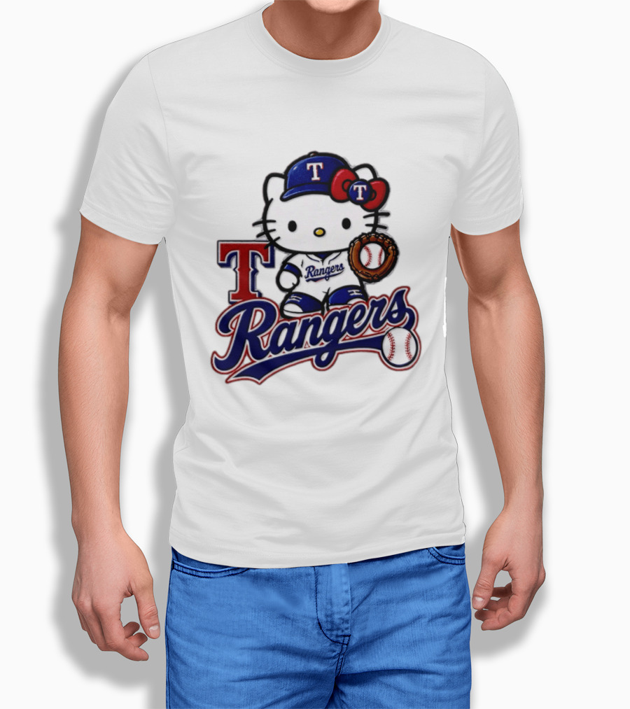 Hello Kitty Texas Rangers Baseball 2026 MLB Rangers Logo With Baseball Glove And Cap T-Shirt