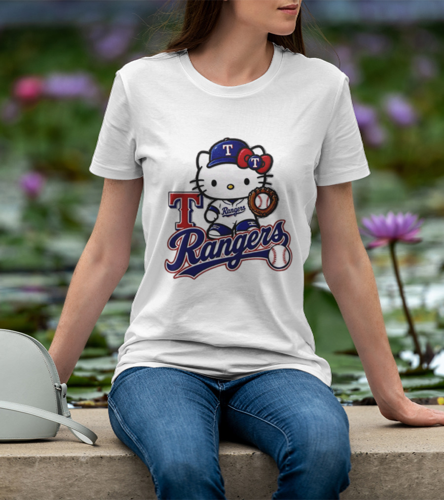 Hello Kitty Texas Rangers Baseball 2026 MLB Rangers Logo With Baseball Glove And Cap T-Shirt