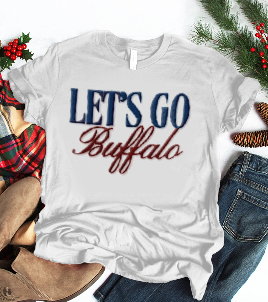 Let's Go Buffalo Blue Serif Red Cursive Embroidered T-Shirt