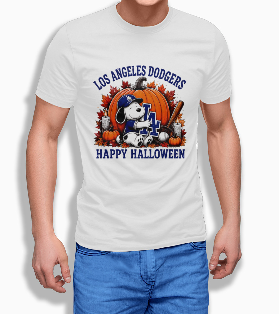 Los Angeles Dodgers Snoopy Hugging Pumpkin Happy Halloween Baseball T-Shirt