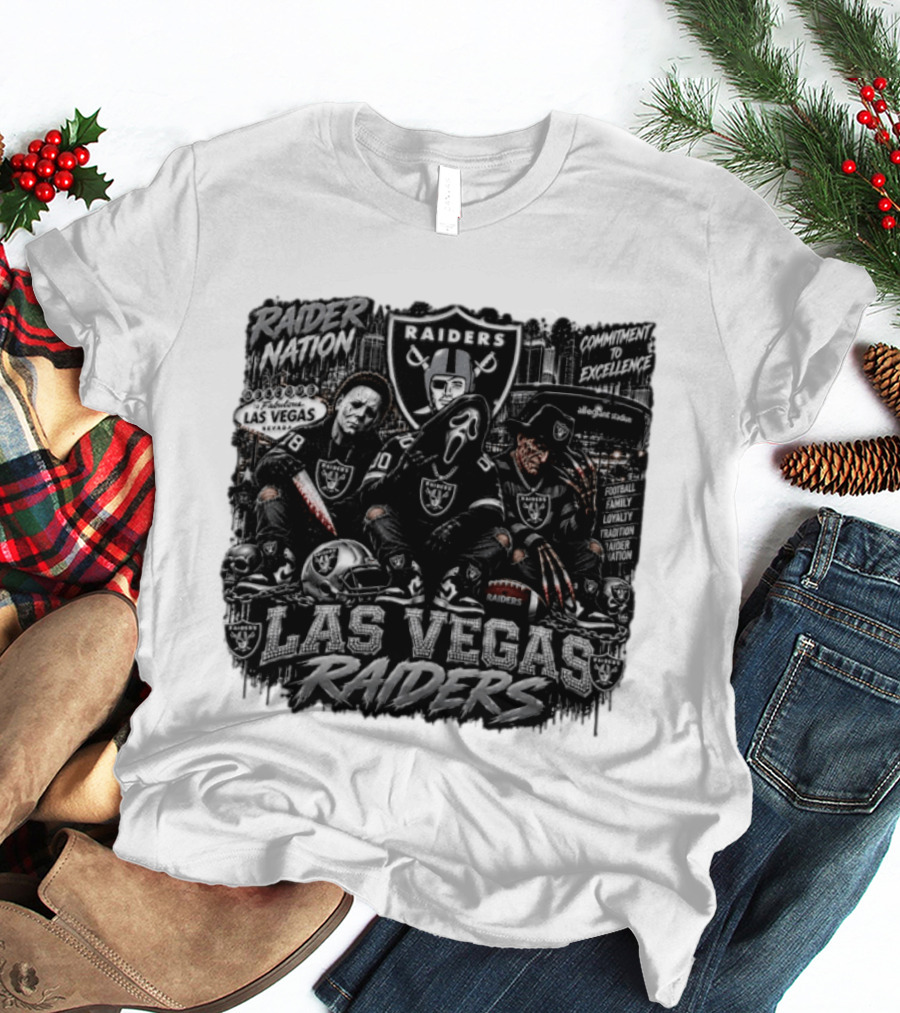 Raider Nation Las Vegas Raiders Michael Myers Ghostface Freddy Krueger Commitment To Excellence Halloween Allegiant Stadium T-Shirt