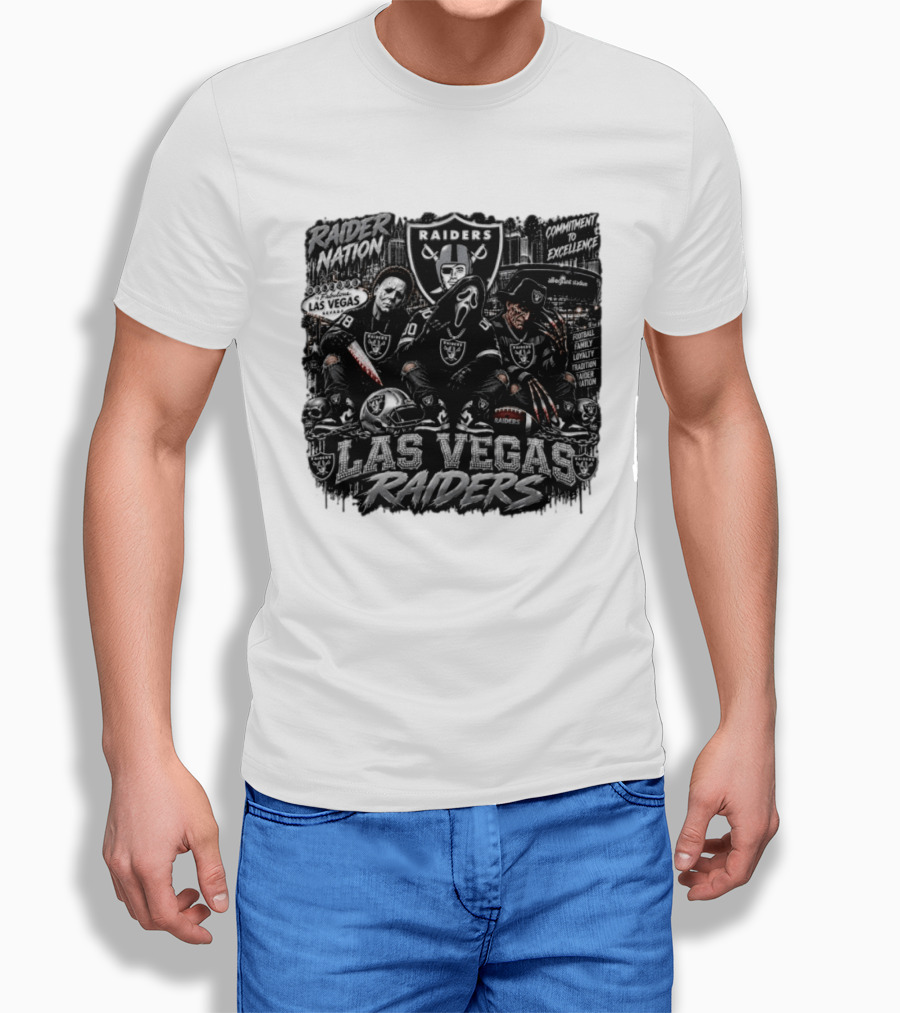 Raider Nation Las Vegas Raiders Michael Myers Ghostface Freddy Krueger Commitment To Excellence Halloween Allegiant Stadium T-Shirt