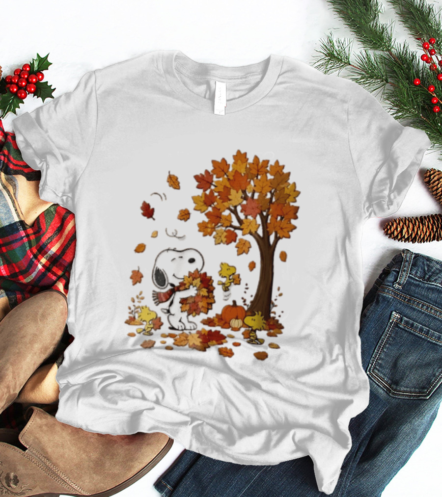 Snoopy Woodstock Autumn Leaves Pumpkin Fall Season Vibes T-Shirt