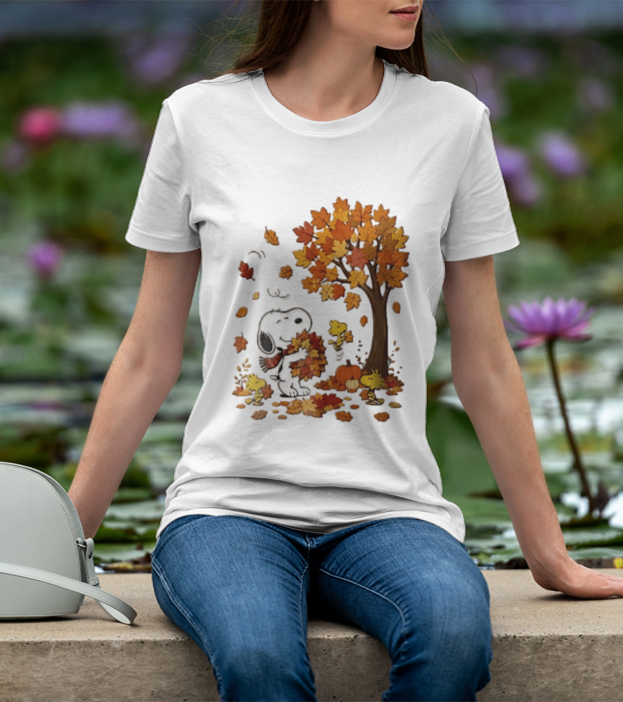 Snoopy Woodstock Autumn Leaves Pumpkin Fall Season Vibes T-Shirt
