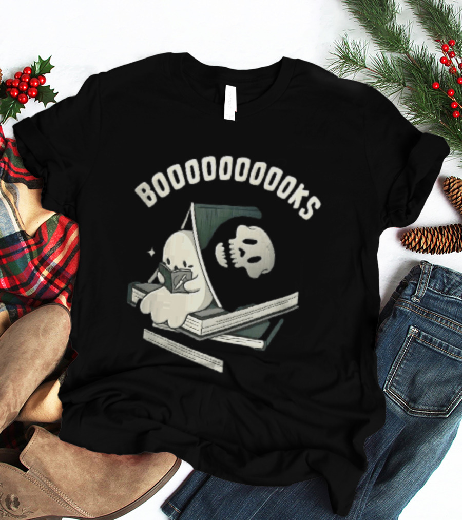 Boooooooooks Cartoon Ghost Reading Novel With Skeleton Specter T-Shirt