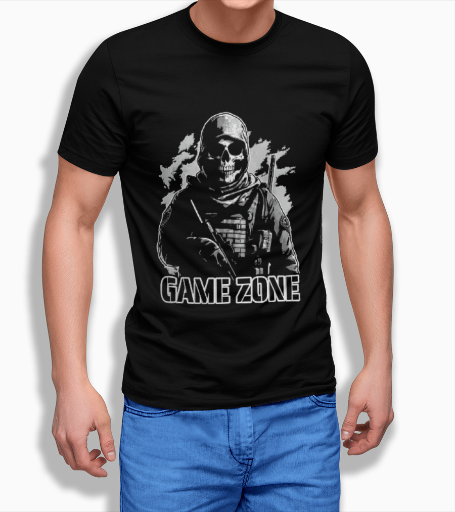Game Zone Monochrome Skull Soldier Tactical Rifle Hooded T-Shirt