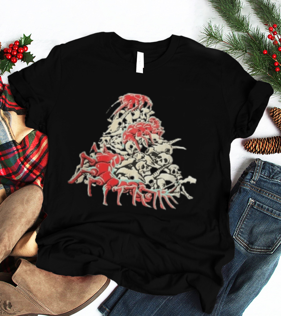 Giant Red Centipede Cyan Crawling Pile Of Skulls T-Shirt