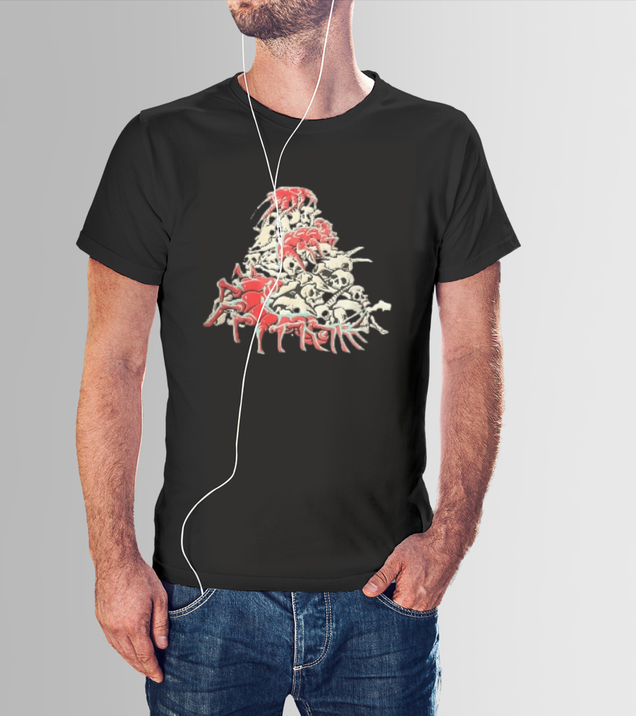 Giant Red Centipede Cyan Crawling Pile Of Skulls T-Shirt