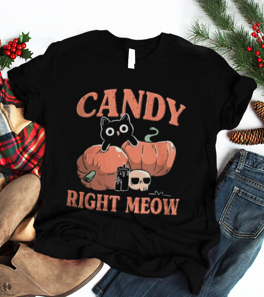 Candy Right Meow Black Cat Pumpkins Candles Skull Halloween T-Shirt
