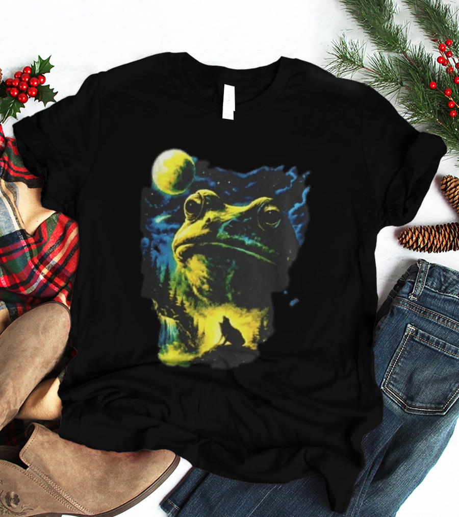 Giant Toad Glowing Moon Howling Waterfall Forest Mystic Scene T-Shirt