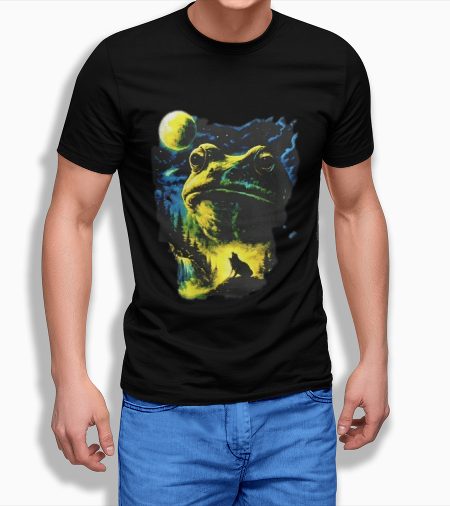 Giant Toad Glowing Moon Howling Waterfall Forest Mystic Scene T-Shirt