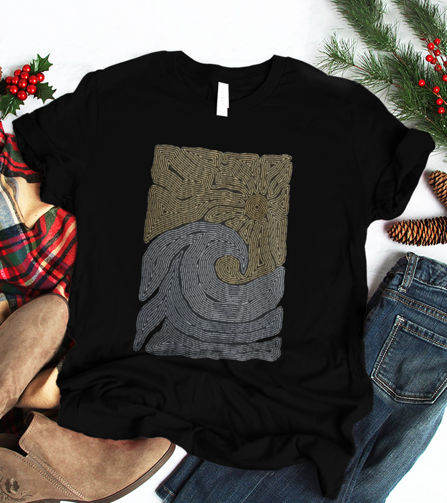 Golden Sun Over Crashing Blue Ocean Wave Line Maze T-Shirt