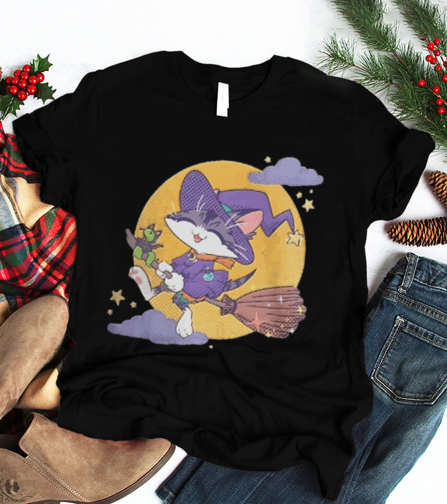 Halftone Cartoon Cat Witch Flying On Broomstick With Moon And Stars T-Shirt