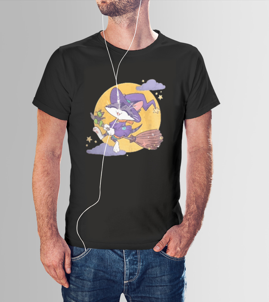 Halftone Cartoon Cat Witch Flying On Broomstick With Moon And Stars T-Shirt