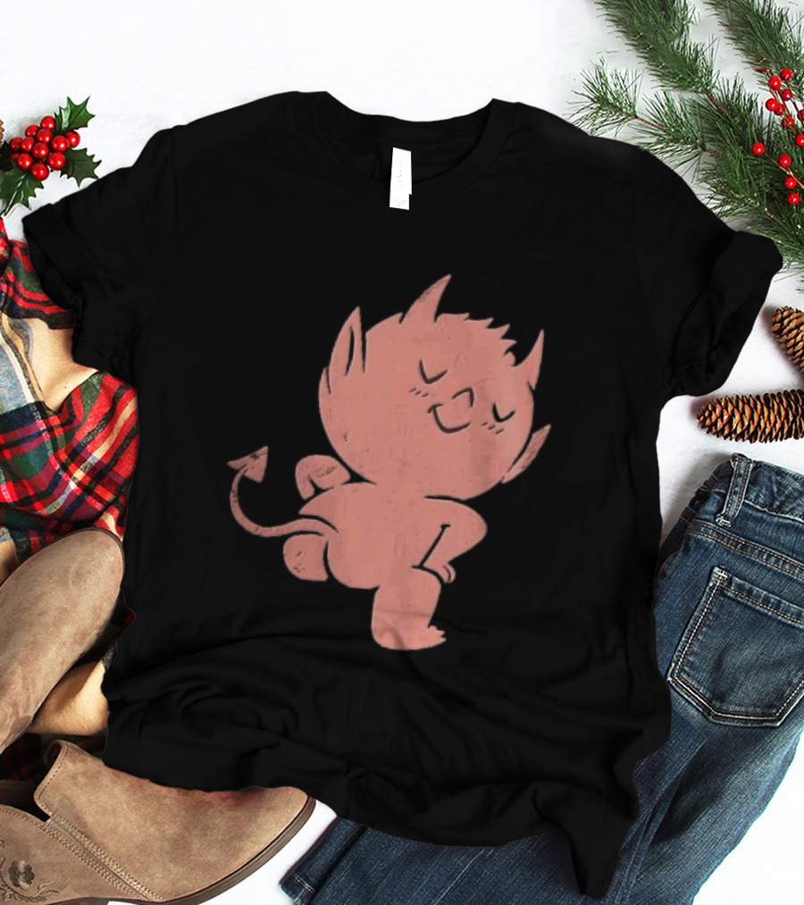 Mischievous Little Red Devil Cartoon Mooning With Distressed Texture T-Shirt