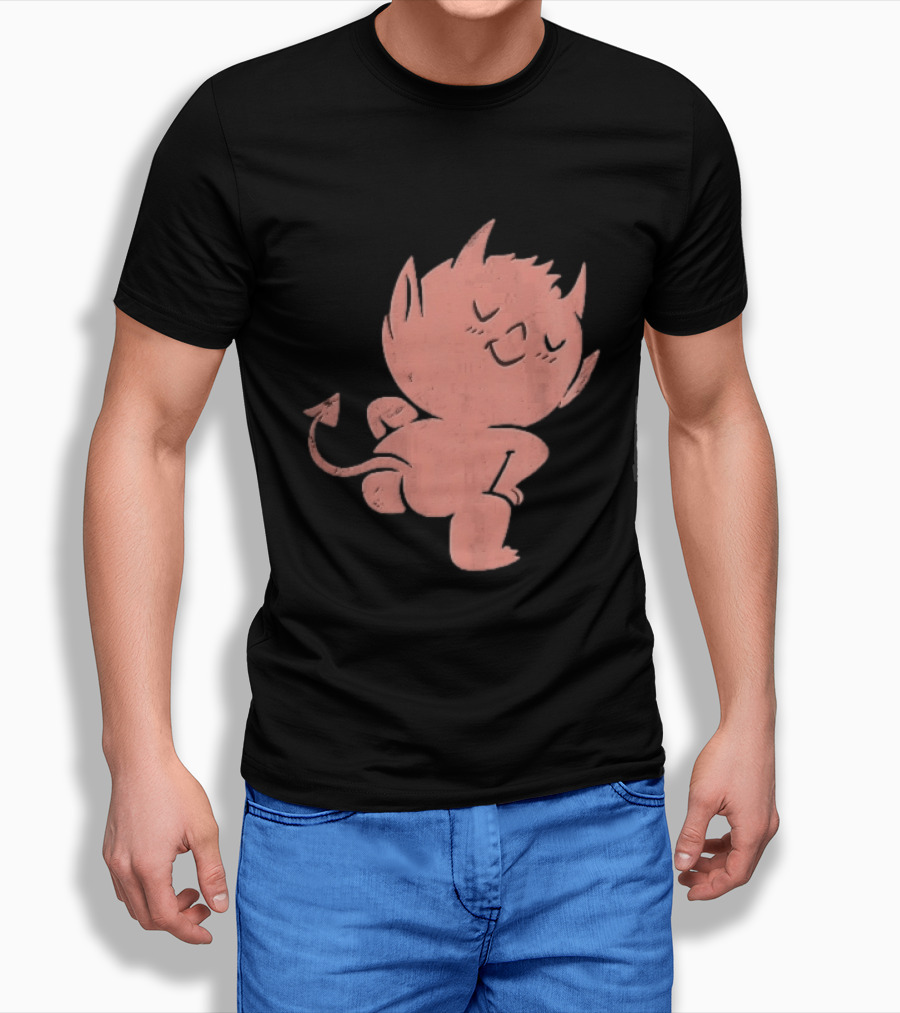 Mischievous Little Red Devil Cartoon Mooning With Distressed Texture T-Shirt