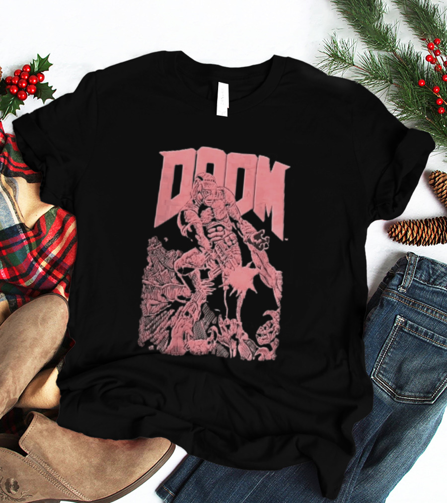 Doom Space Marine Battling Hell Demons Pink Sketch T-Shirt