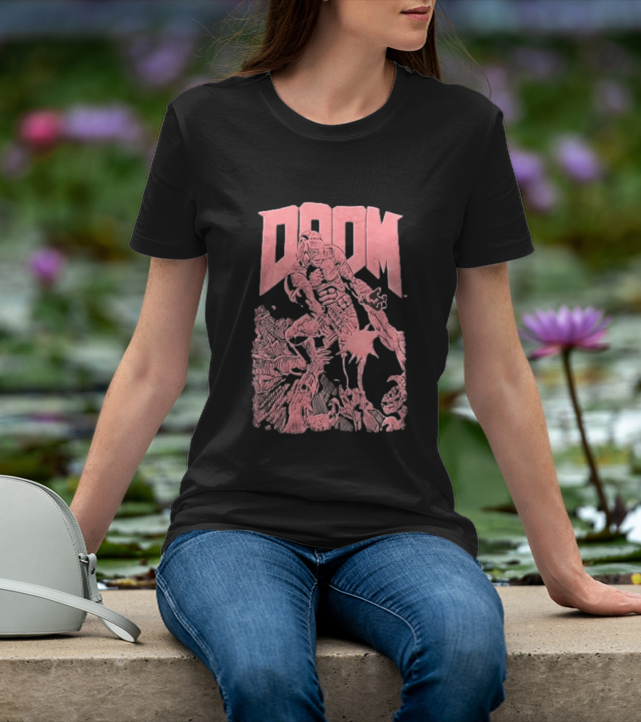 Doom Space Marine Battling Hell Demons Pink Sketch T-Shirt