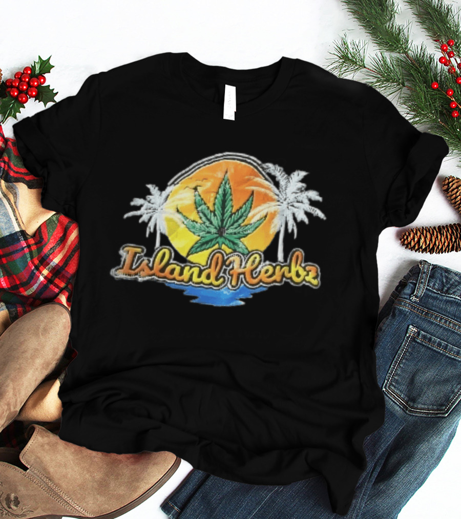 Island Herbz Cannabis Leaf Orange Sunset White Palm Trees T-Shirt