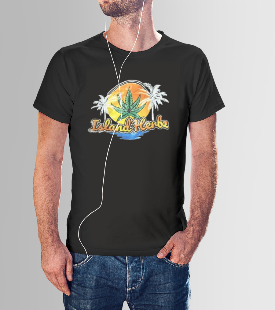 Island Herbz Cannabis Leaf Orange Sunset White Palm Trees T-Shirt