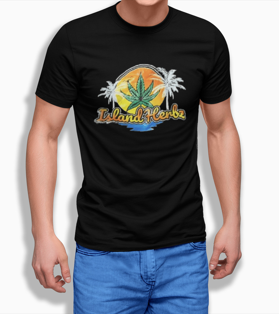 Island Herbz Cannabis Leaf Orange Sunset White Palm Trees T-Shirt