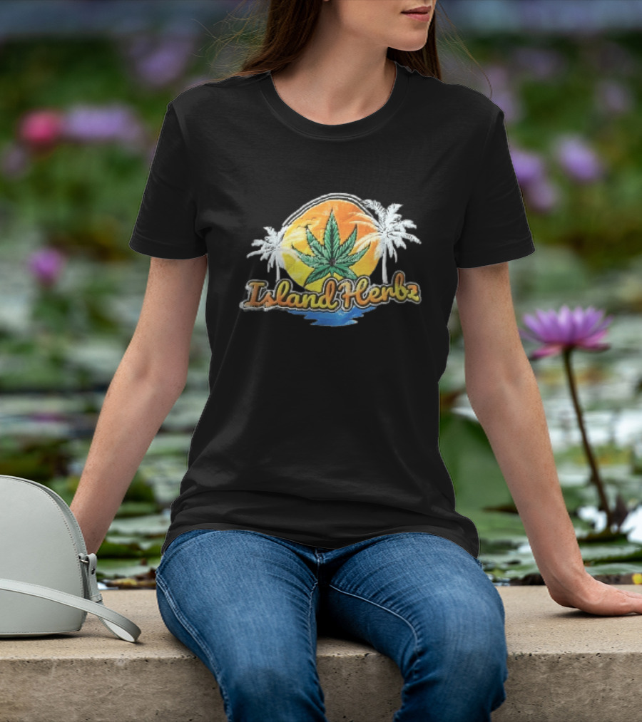 Island Herbz Cannabis Leaf Orange Sunset White Palm Trees T-Shirt