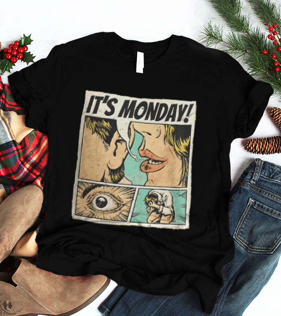 Its Monday Comic Strip Pop Art Woman Whispering Man Crying Vintage Halftone T-Shirt