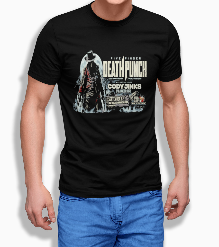 Five Finger Death Punch Red Rocks 20th Anniversary 2026 Cody Jinks Special Guest Denver CO T-Shirt