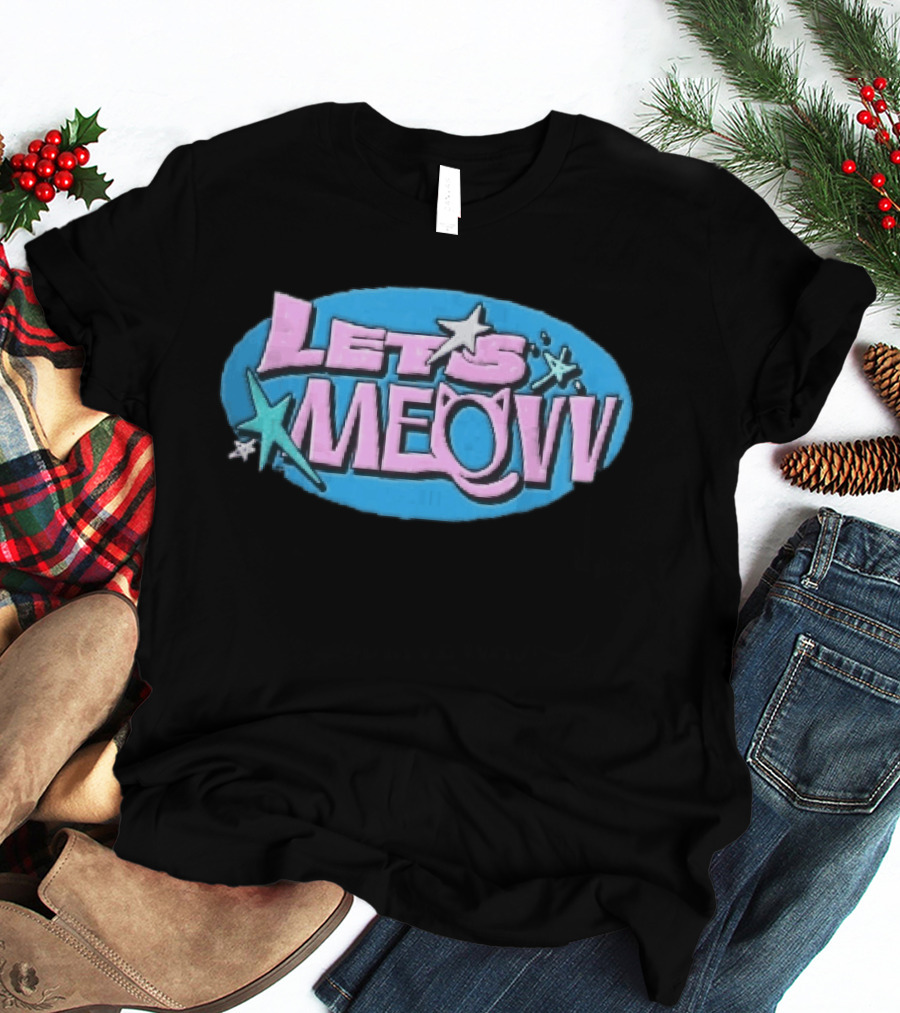 Lets Meovv Cat Ears Pink Distressed Glitter Stars Blue Oval T-Shirt