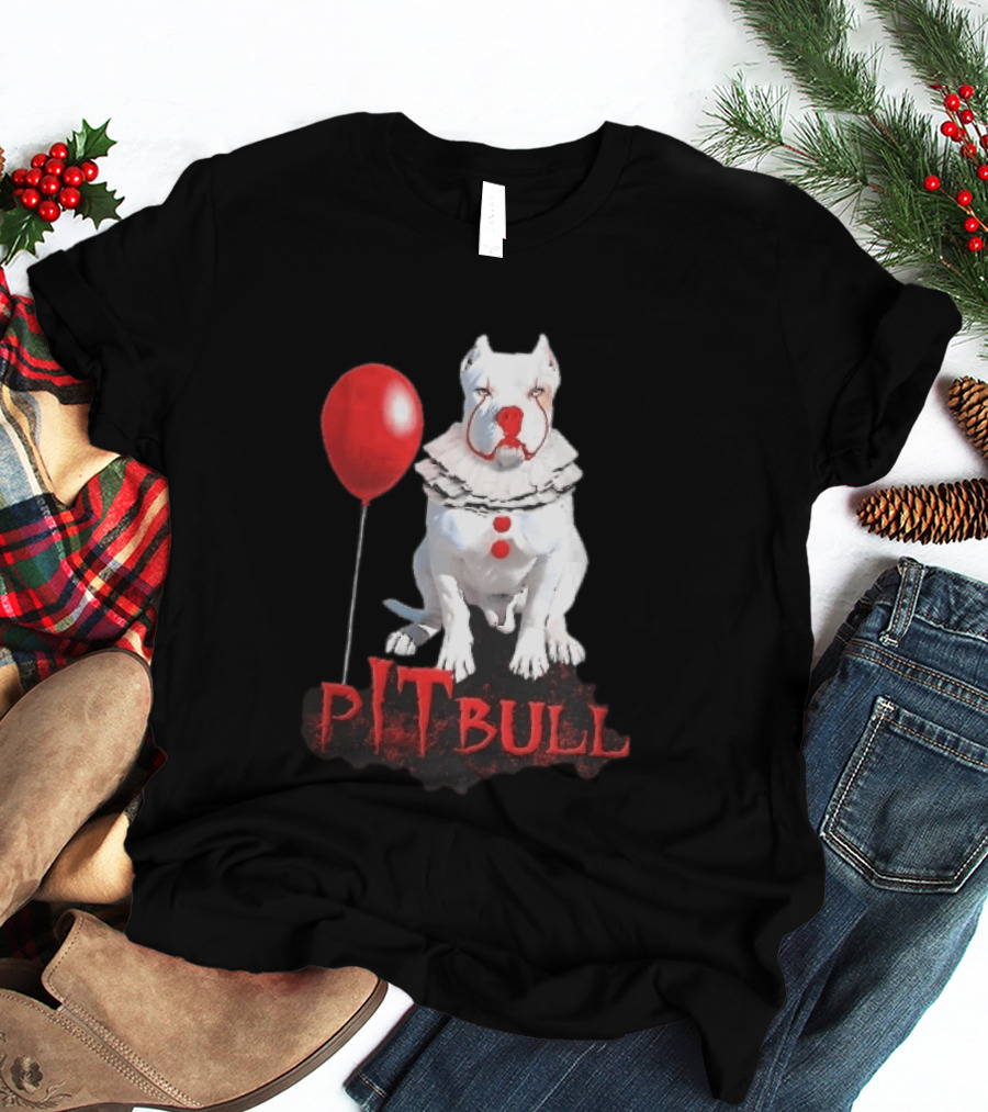 Pitbull Dog Pennywise Clown Red Balloon Distressed White T-Shirt