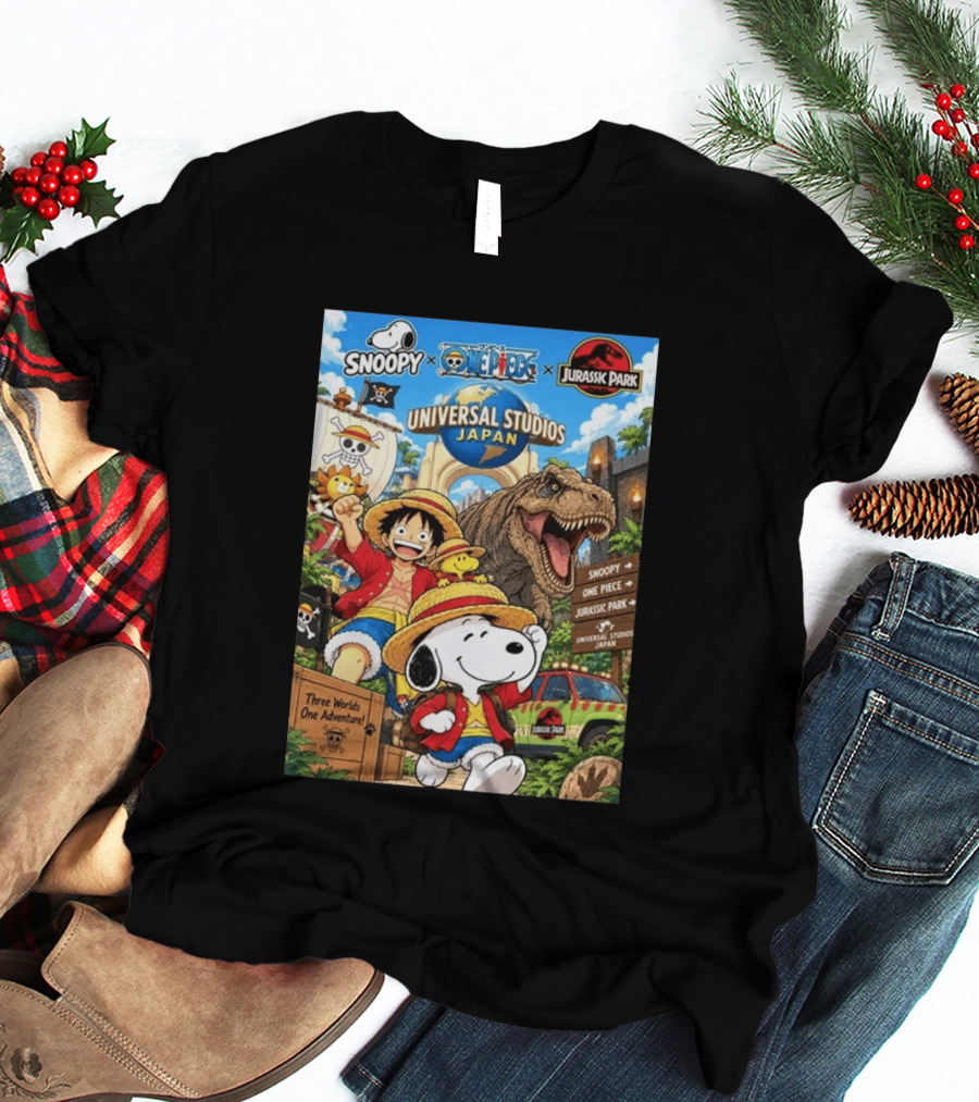 Snoopy One Piece Jurassic Park Universal Studios Japan Three Worlds One Adventure T-Shirt