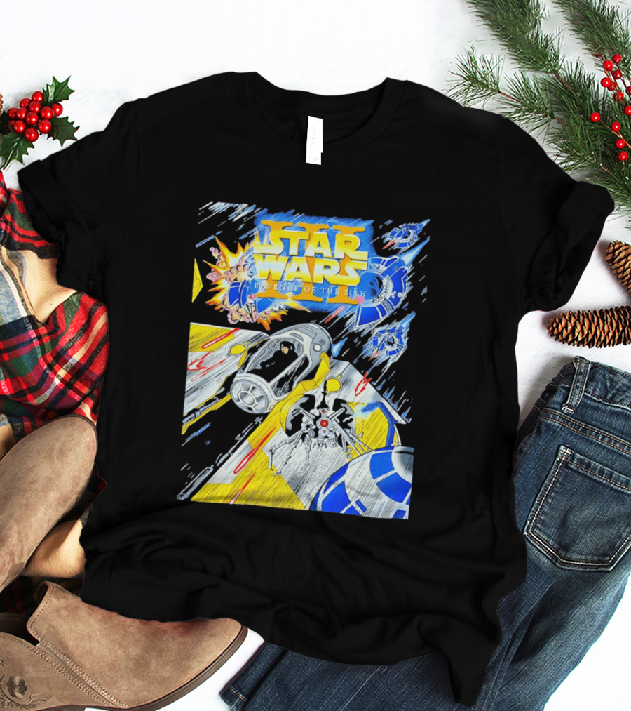 Star Wars Revenge Of The Sith Galactic Battle Artwork Featuring Anakin Skywalker And Iconic Droid Spaceships T-Shirt