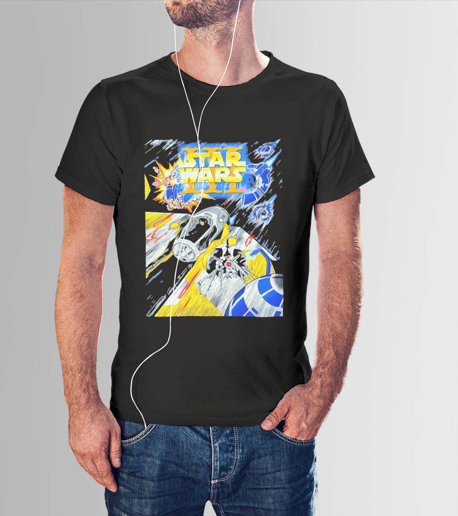 Star Wars Revenge Of The Sith Galactic Battle Artwork Featuring Anakin Skywalker And Iconic Droid Spaceships T-Shirt